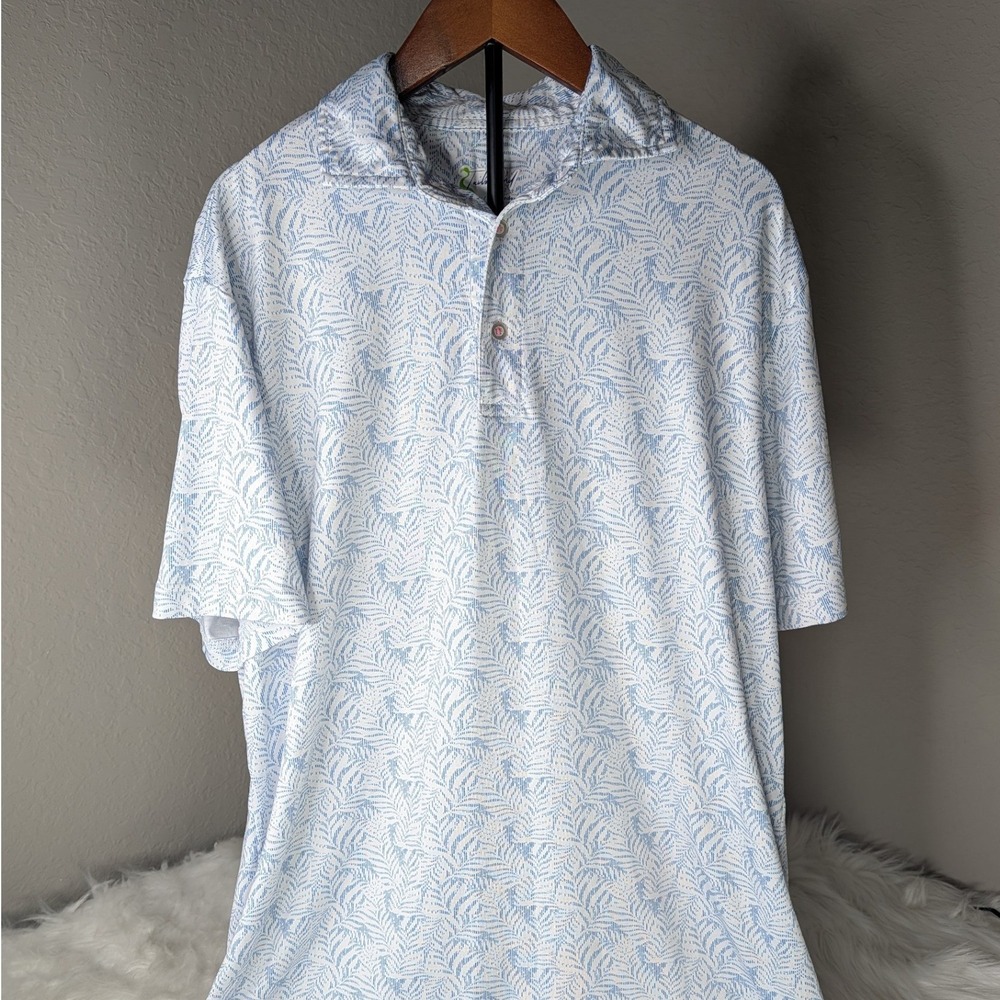 Tailor Byrd Polo Shirt Mens Med Blue White Leaf Print Performance Golf Short Slv